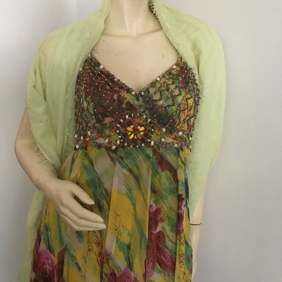 Sue Wong multicolored beaded silk halter dress with handkerchief hemline - Picture 3 of 8